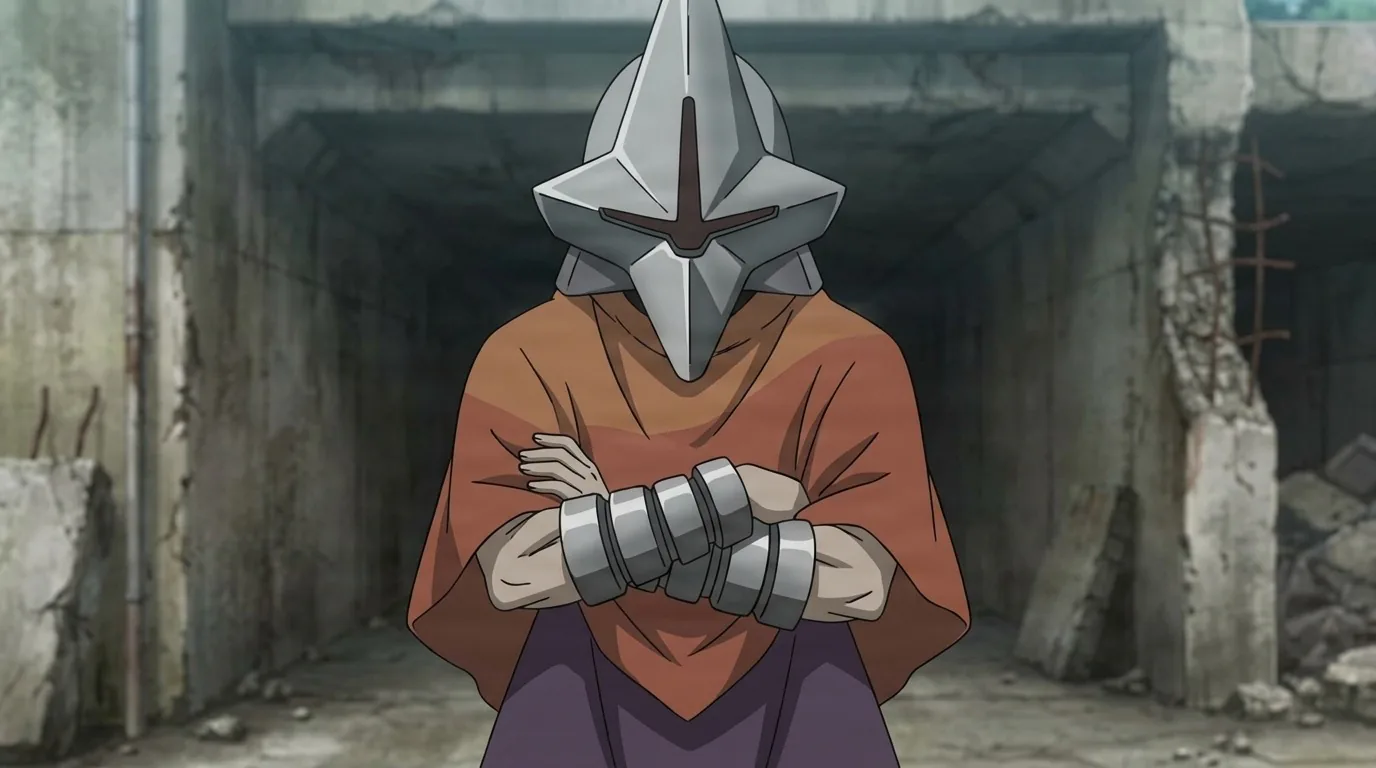 Miza Kusakari with arms crossed in a ruined concrete tunnel, spiked silver mask, orange poncho and segmented metal bracers