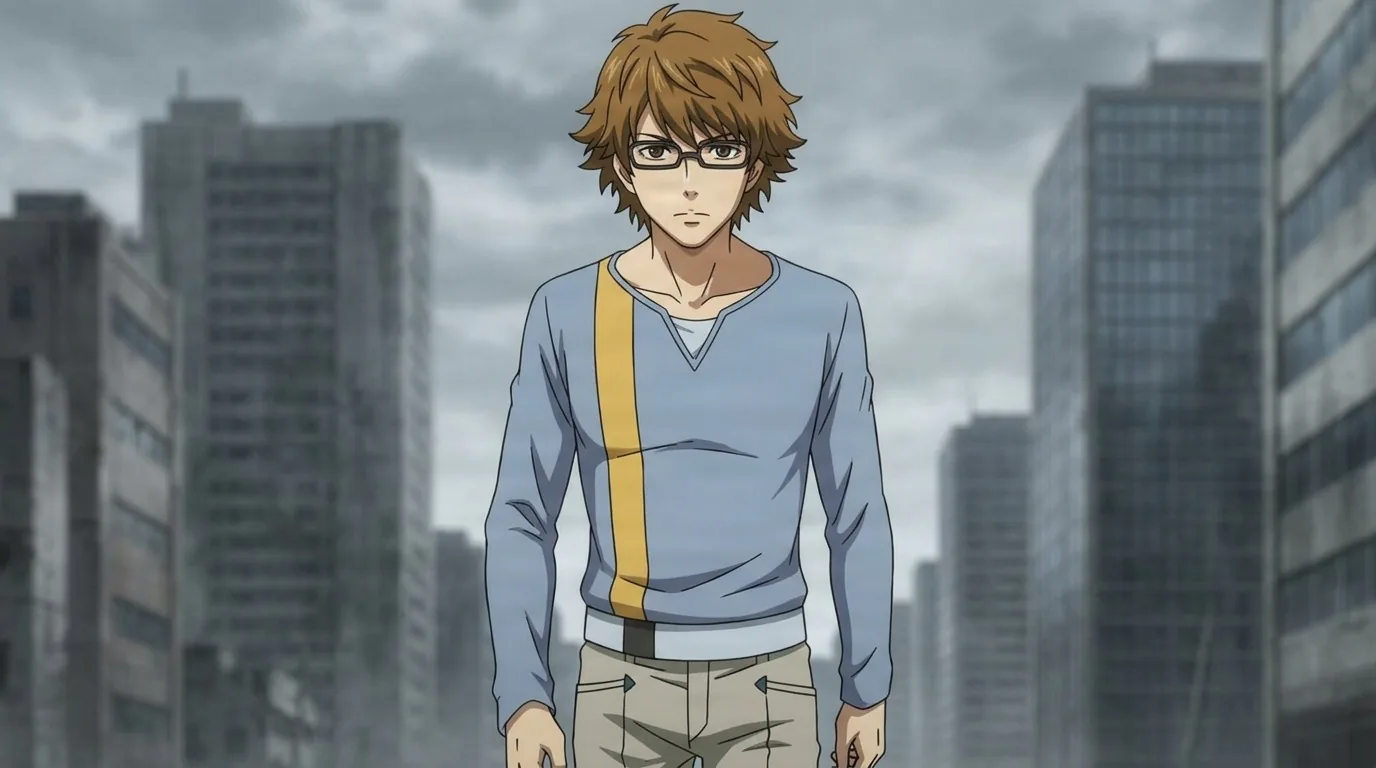 Nishiki Nishio, a light brown-haired man with glasses in a blue shirt, standing before a bleak overcast city skyline.