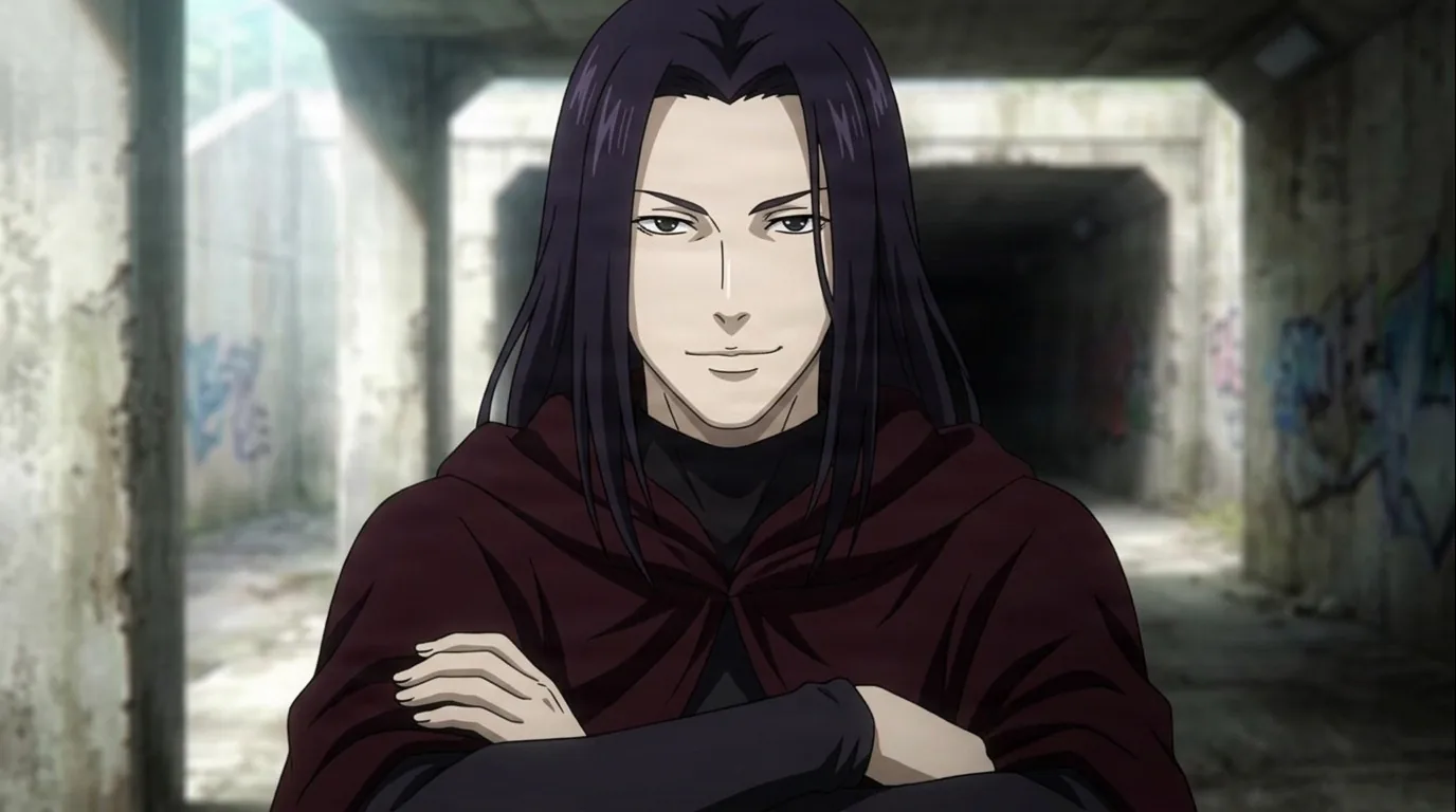 Noro, a long purple-haired man in a dark red hooded cloak, arms crossed, standing in a graffiti-covered tunnel.
