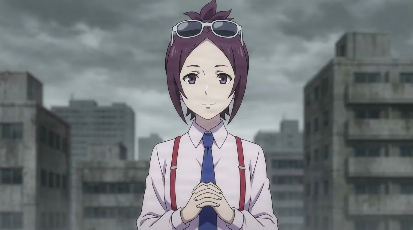 Roma Hoito smiling with hands clasped, sunglasses pushed up into her short purple hair, white shirt with red suspenders and a blue tie, ruined city behind her