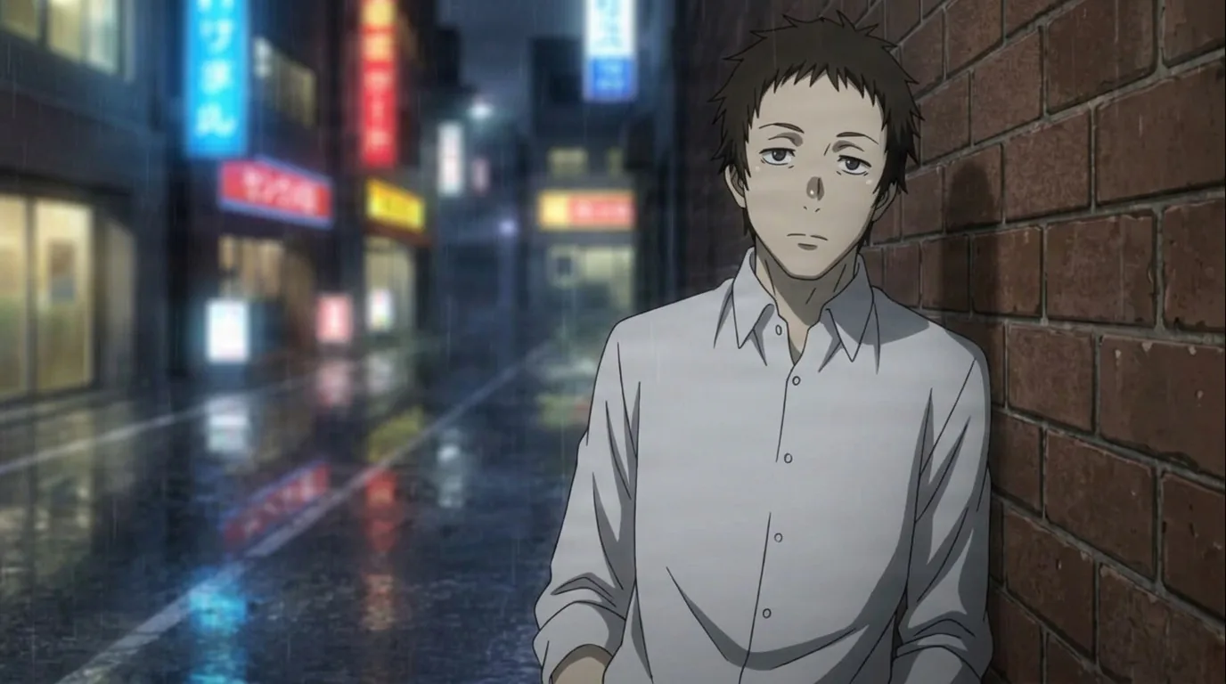 Shunji Shiono leaning against a brick wall in a rainy neon backstreet, tired downcast eyes, rumpled pale grey dress shirt