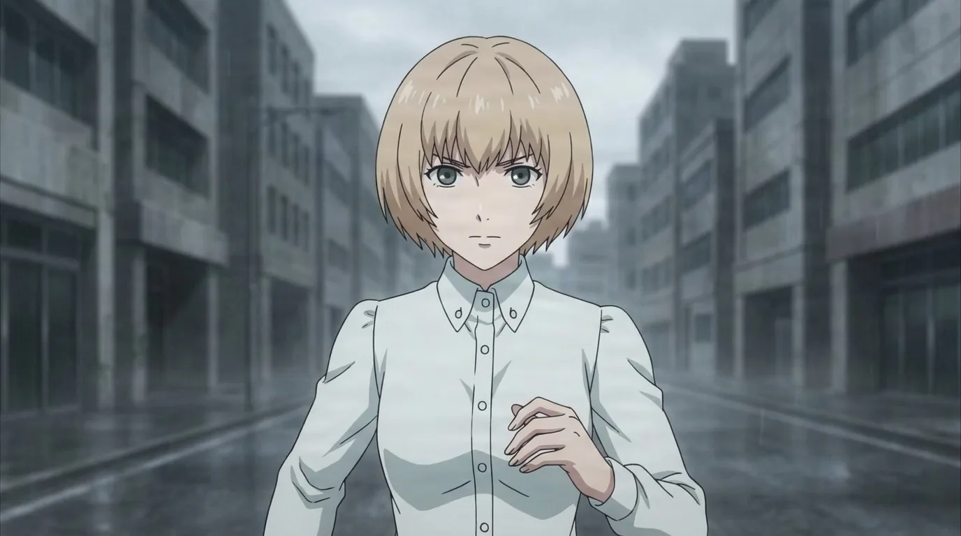 Ukina in a white blouse, one hand raised to her chest, standing on a rain-soaked grey city street
