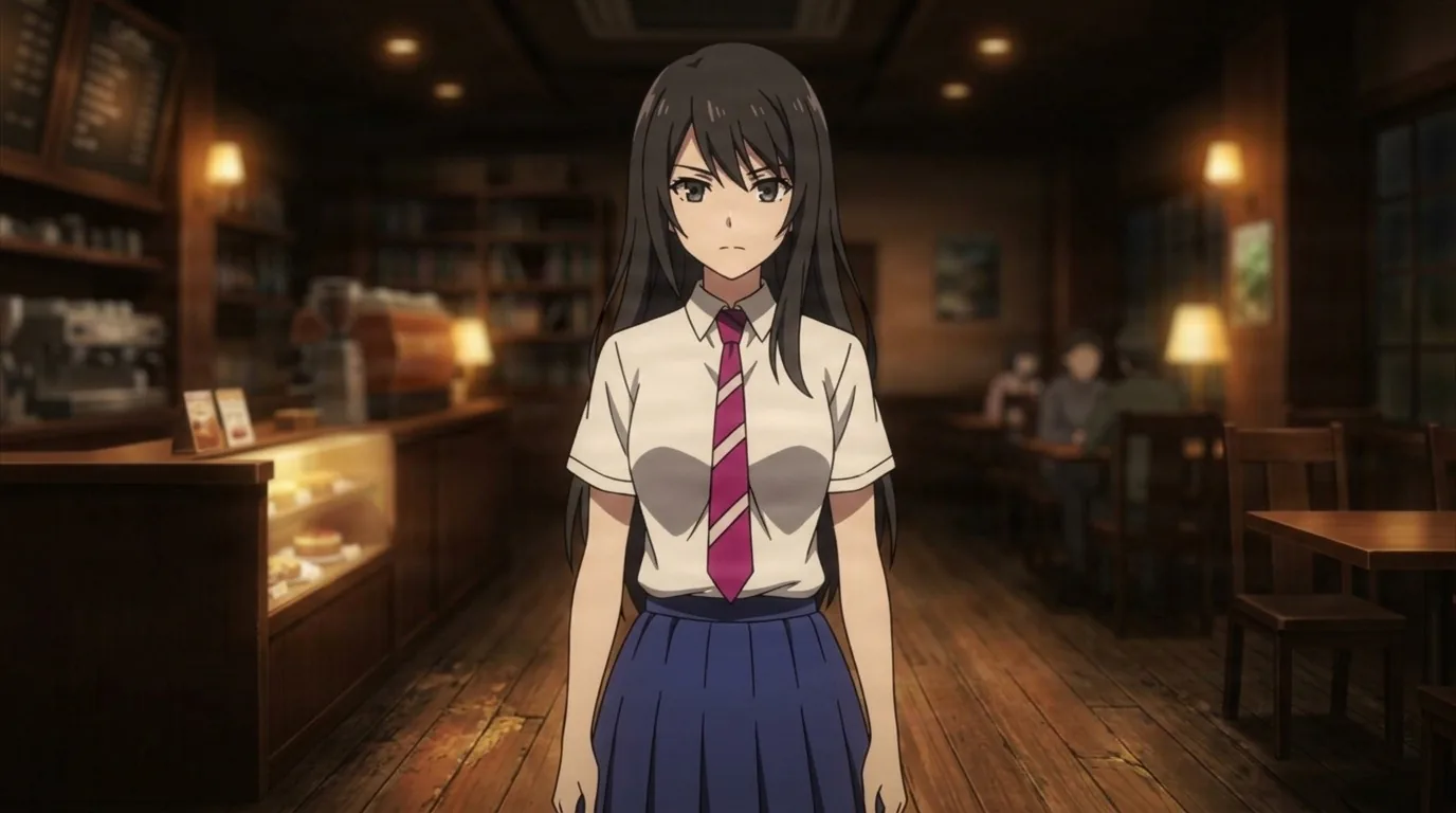 Uruka Minami standing quietly in a wood panelled cafe, long dark hair, white school shirt with a pink striped tie and blue pleated skirt