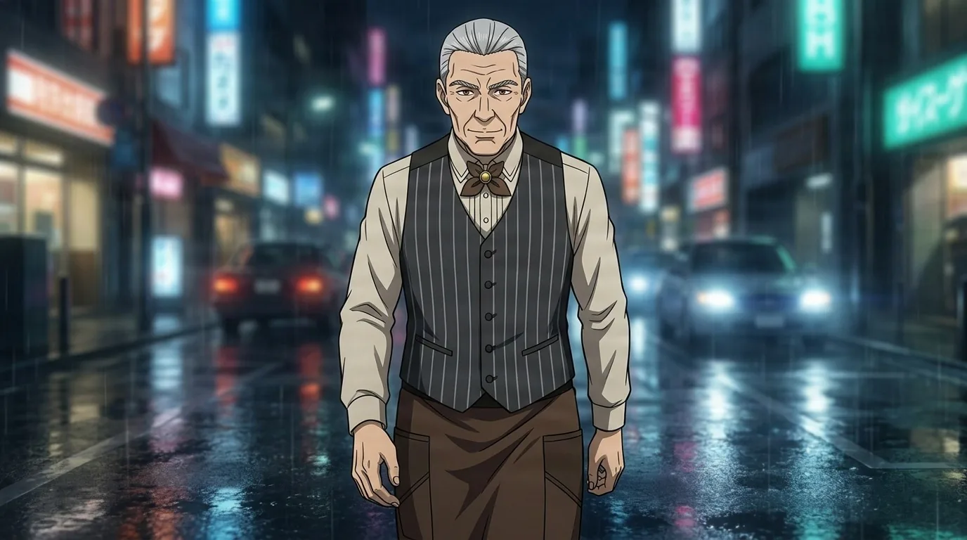 Yoshimura, an elderly man with gray hair in a pinstriped vest and bow tie, walking a rainy neon-lit street at night.