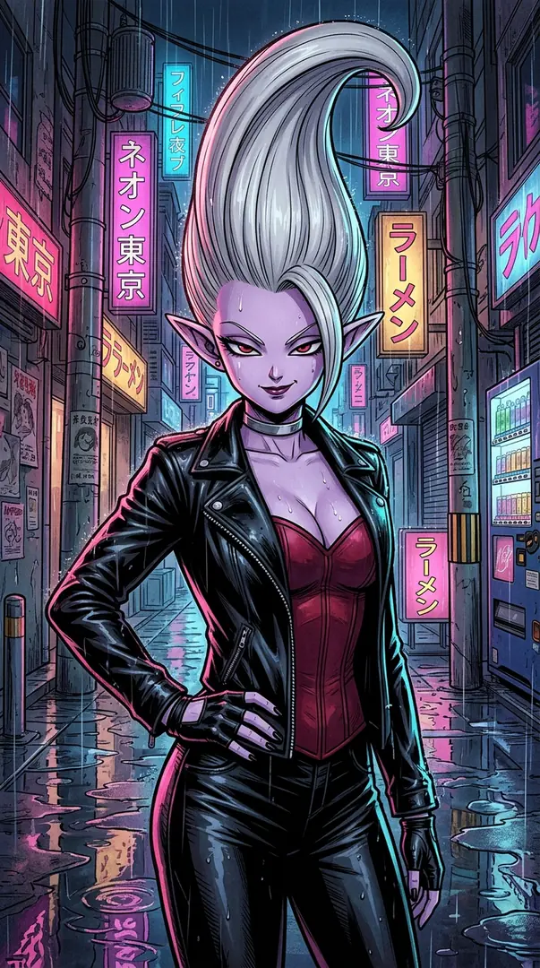 Towa from Dragon Ball stands confidently in a rainy, neon-lit cyberpunk alleyway, wearing a sleek black leather outfit and a red corset that highlight her signature purple skin and tall white hair.