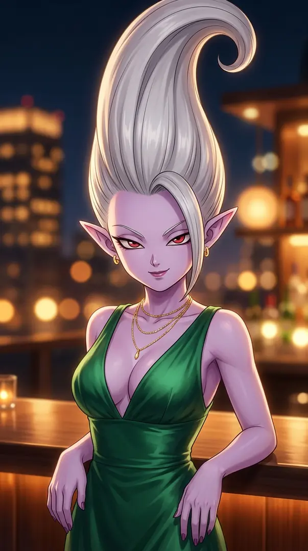 Towa from Dragon Ball leans against a wooden bar in a plunging green dress, her purple skin and tall white hair contrasting with the blurred nighttime city lights behind her.