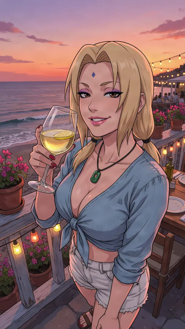 Tsunade from Naruto smiles while holding a glass of wine on a seaside balcony at sunset, wearing a blue tied crop top and white shorts.
