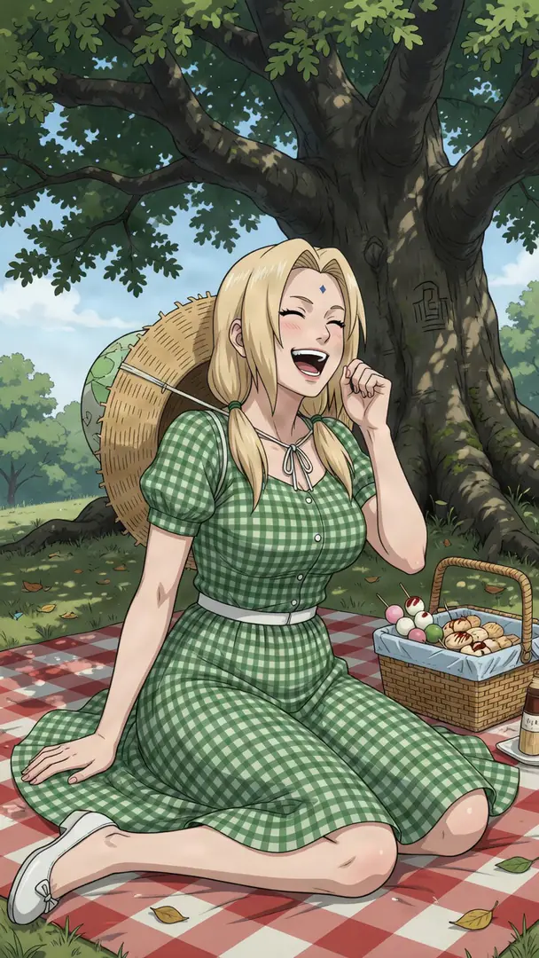 Tsunade from Naruto laughs joyfully while sitting on a red checkered picnic blanket under a large tree, wearing a green gingham dress next to a basket of treats.