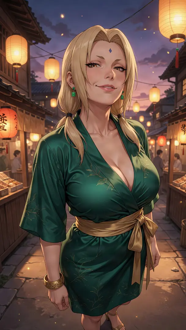 Tsunade from Naruto smiles confidently while wearing a plunging green robe tied with a gold sash in a bustling, lantern-lit street market at dusk.