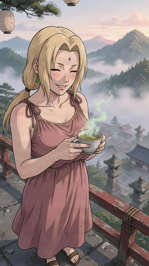 Tsunade from Naruto smiles warmly while holding a steaming cup of tea on a balcony overlooking a misty mountain village.