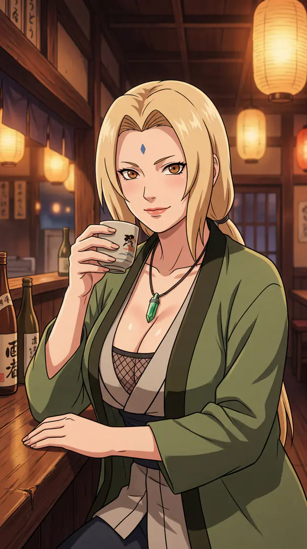 Tsunade from Naruto, wearing a green jacket and a crystal necklace, smiles gently as she holds a small sake cup at a warmly lit wooden bar.