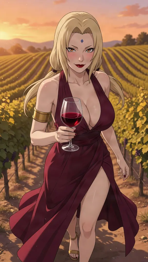 Tsunade from Naruto walks through a vineyard at sunset, wearing a plunging, high-slit burgundy dress and holding a glass of red wine.