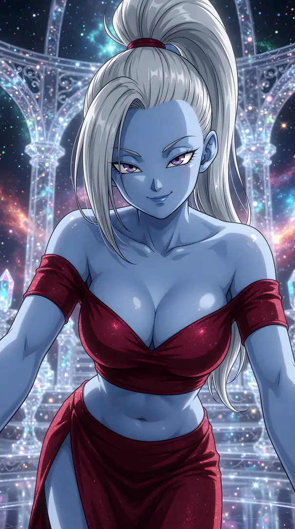 The blue-skinned Vados from Dragon Ball smiles softly while wearing a sparkling red off-the-shoulder crop top and matching skirt against a starry cosmic backdrop.