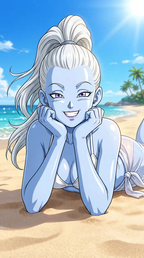 The blue-skinned character Vados from Dragon Ball smiles brightly while lying on her stomach in a white bikini on a sunny tropical beach, resting her chin on her hands.