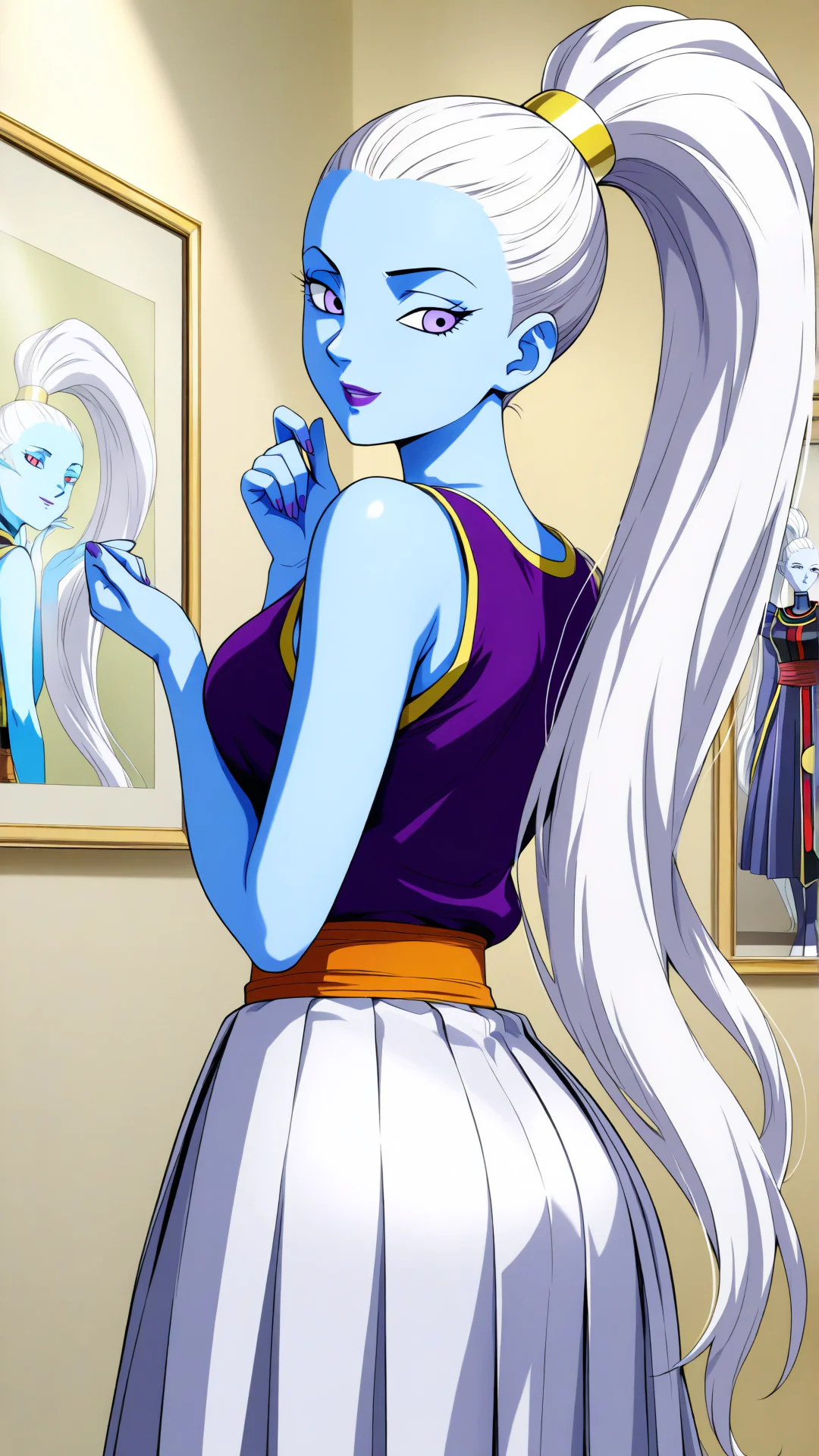 A blue-skinned anime woman with a high white ponytail, dressed in a purple sleeveless top and white pleated skirt, glances over her shoulder while standing near a framed mirror.