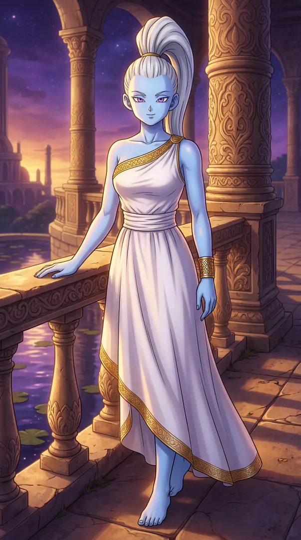 A pale blue-skinned woman with a tall white ponytail wearing a flowing white dress with gold trim stands gracefully on an ornate stone balcony at twilight.