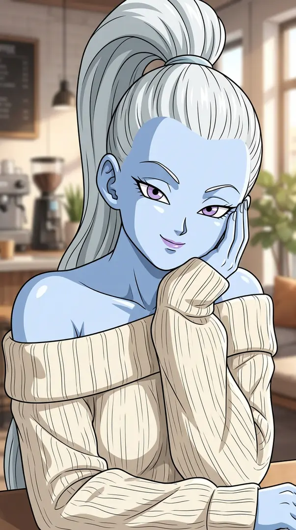Vados from Dragon Ball, a blue-skinned woman with a high white ponytail, smiles gently while resting her cheek on her hand in a cozy cafe, wearing a cream off-the-shoulder ribbed sweater.