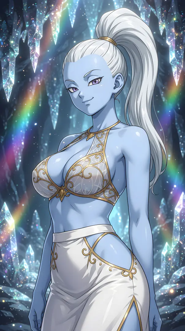 A smiling Vados from Dragon Ball with pale blue skin and a high white ponytail stands in an ornate white and gold two-piece outfit against a backdrop of glowing crystals and a vibrant rainbow.