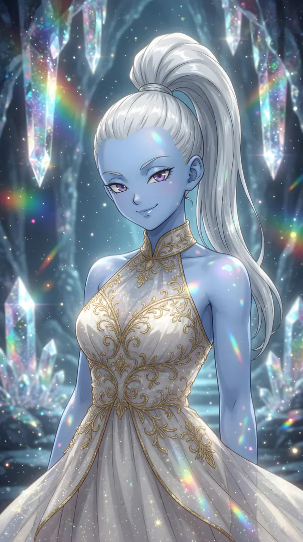 Vados from Dragon Ball smiles warmly in an elegant white gown with intricate gold embroidery while standing in a magical cavern filled with glowing crystals and sparkling rainbow light.