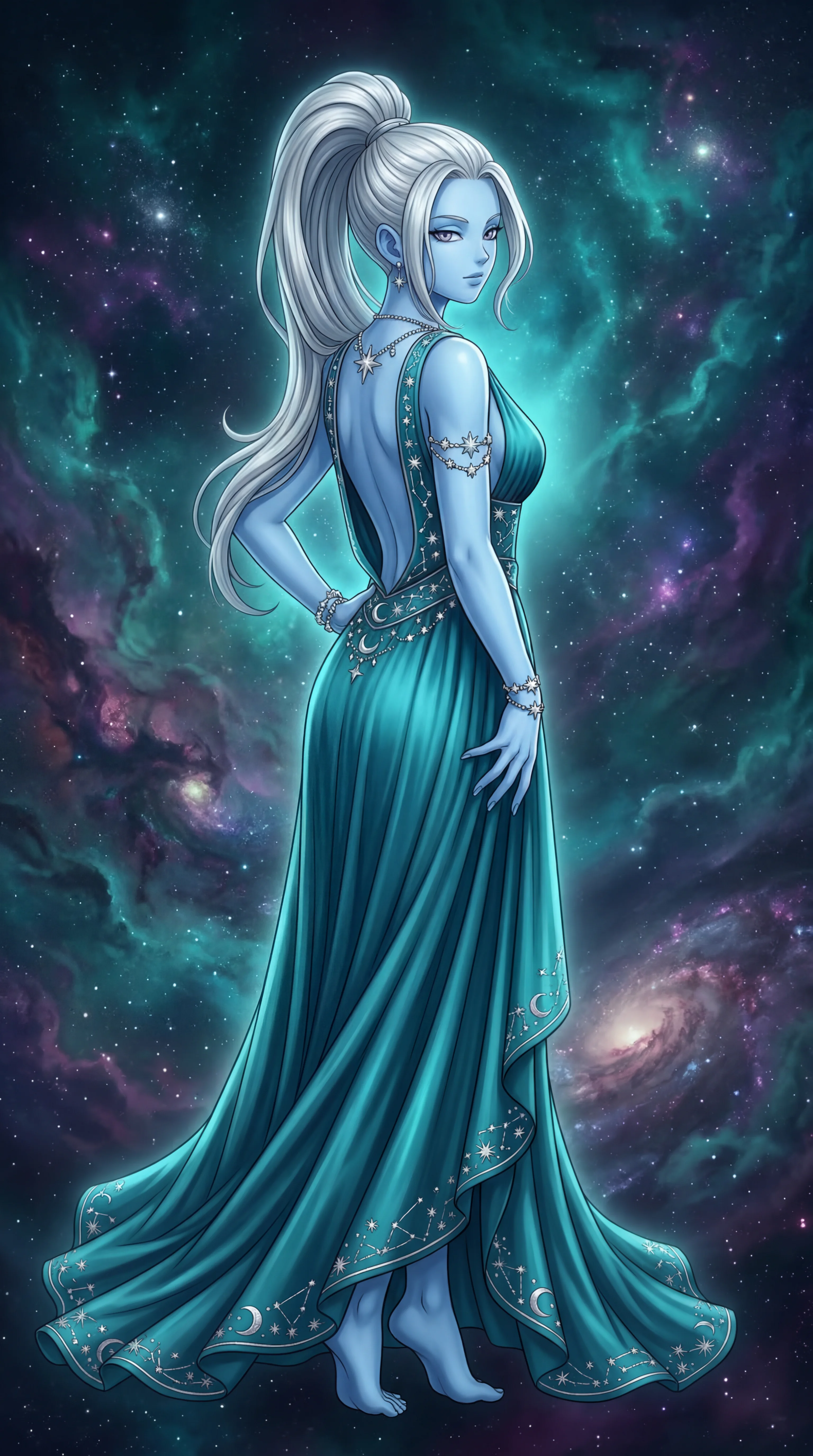 A blue-skinned woman with a high silver ponytail wears a flowing teal dress patterned with constellations and looks over her shoulder against a vibrant cosmic background.