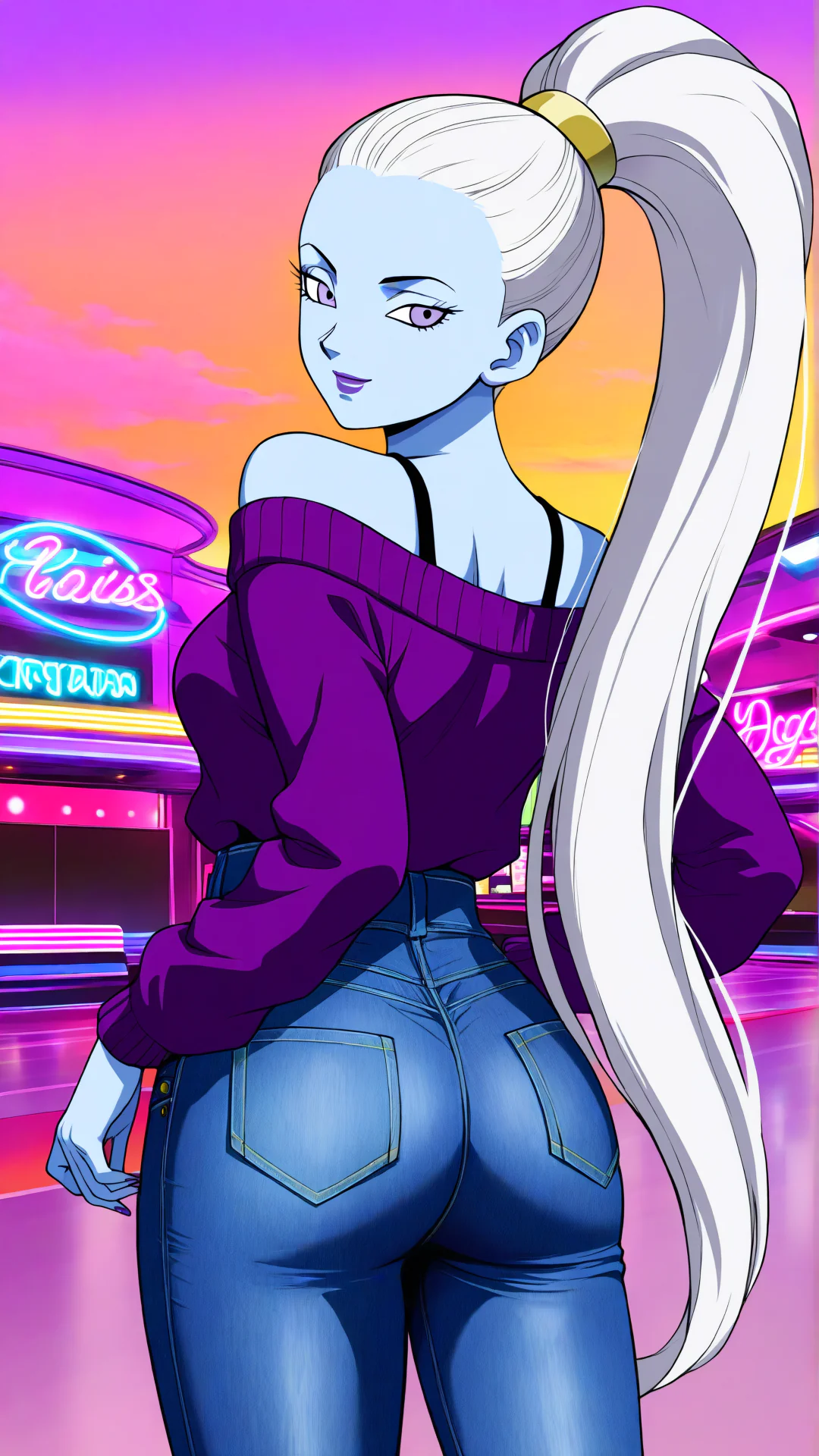 A pale blue-skinned anime woman with a long white ponytail looks over her shoulder wearing a purple off-the-shoulder top and blue jeans against a vibrant neon cityscape at sunset.