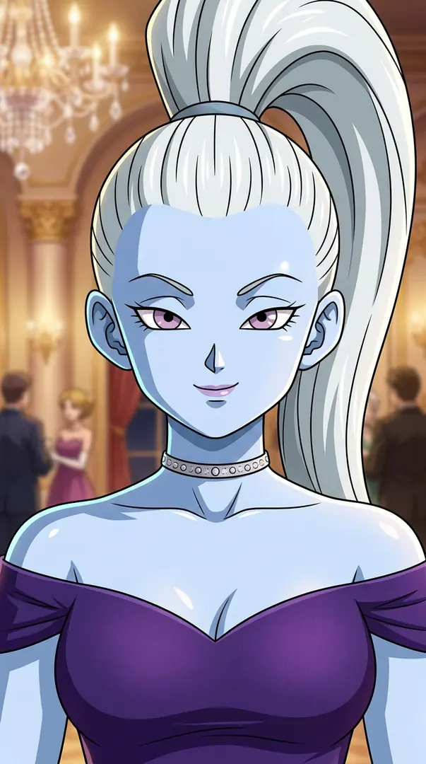 Vados from Dragon Ball smiles gently while wearing a dark purple off-the-shoulder dress and a silver choker against a blurred ballroom background.