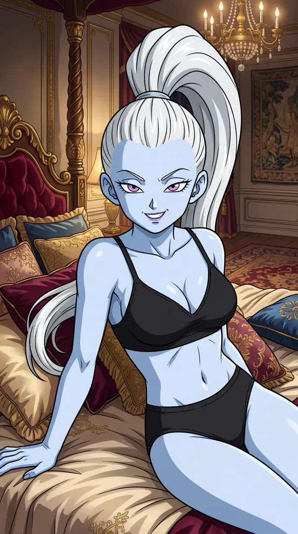 Vados from Dragon Ball, a pale blue-skinned woman with a high white ponytail, sits smiling on a luxurious bed wearing black lingerie.