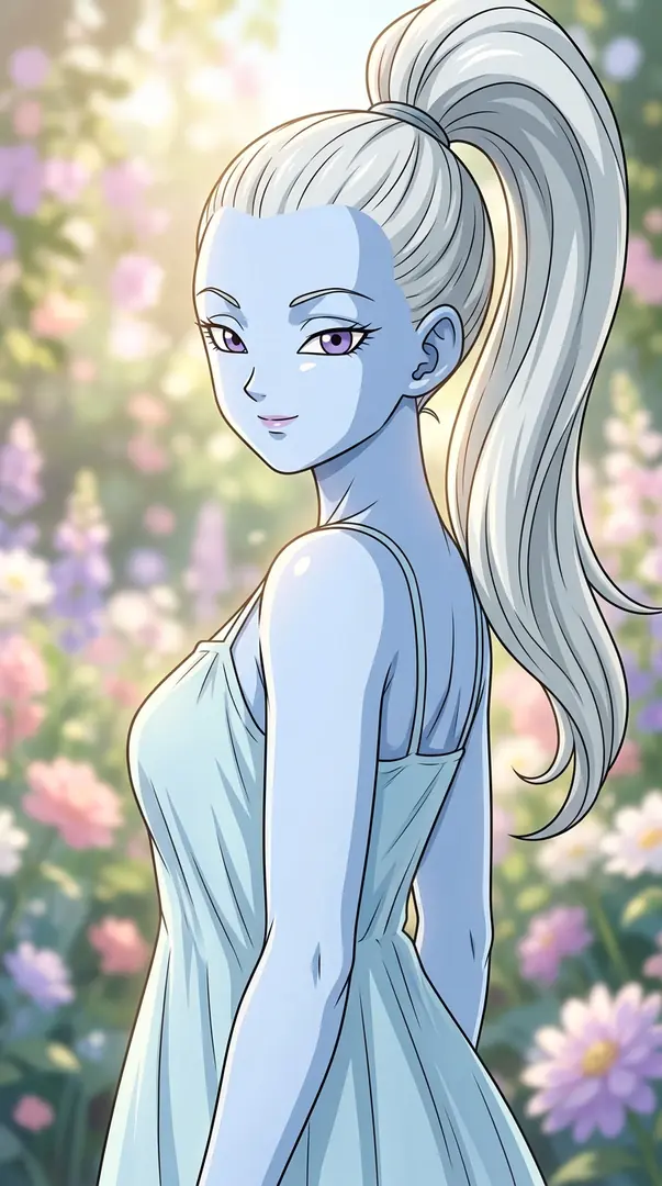 Vados from Dragon Ball smiles gently over her shoulder, her pale blue skin, high white ponytail, and light blue dress illuminated by a softly blurred, sunlit flower garden.