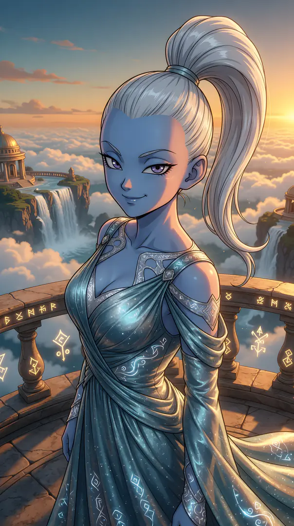 Vados from Dragon Ball, dressed in an elegant shimmering gown, smiles gently from a stone balcony overlooking a breathtaking landscape of floating islands and waterfalls above the clouds.