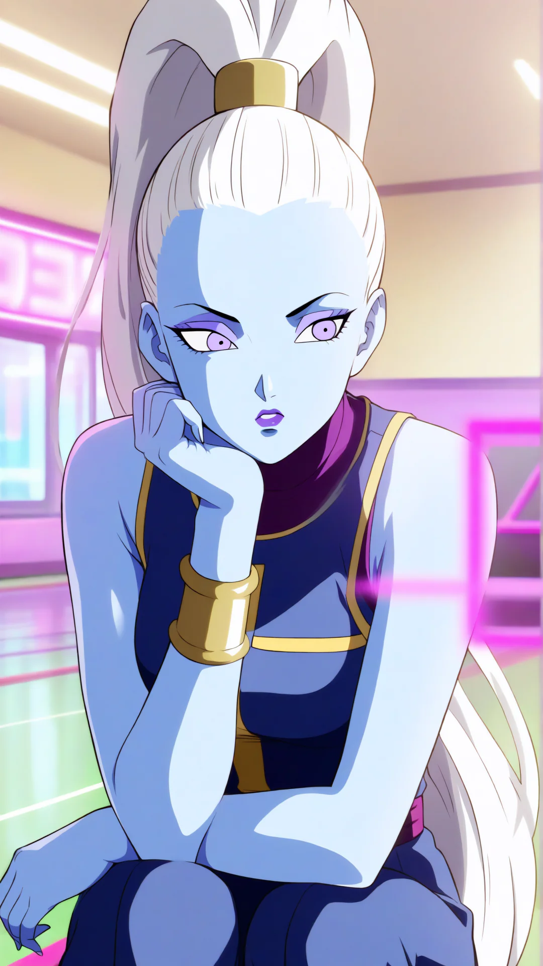 A pale blue-skinned anime woman with a high white ponytail and purple eyes sits with her chin resting thoughtfully on her hand.