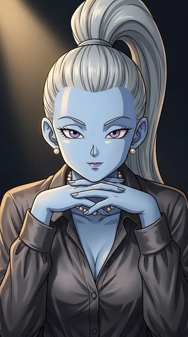 The blue-skinned Dragon Ball character Vados rests her chin on clasped hands, wearing a dark button-up shirt, a pearl necklace, and her white hair in a high ponytail.