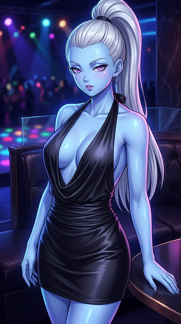 A blue-skinned anime woman with a high white ponytail and purple eyes wears a plunging black mini dress in a neon-lit nightclub.