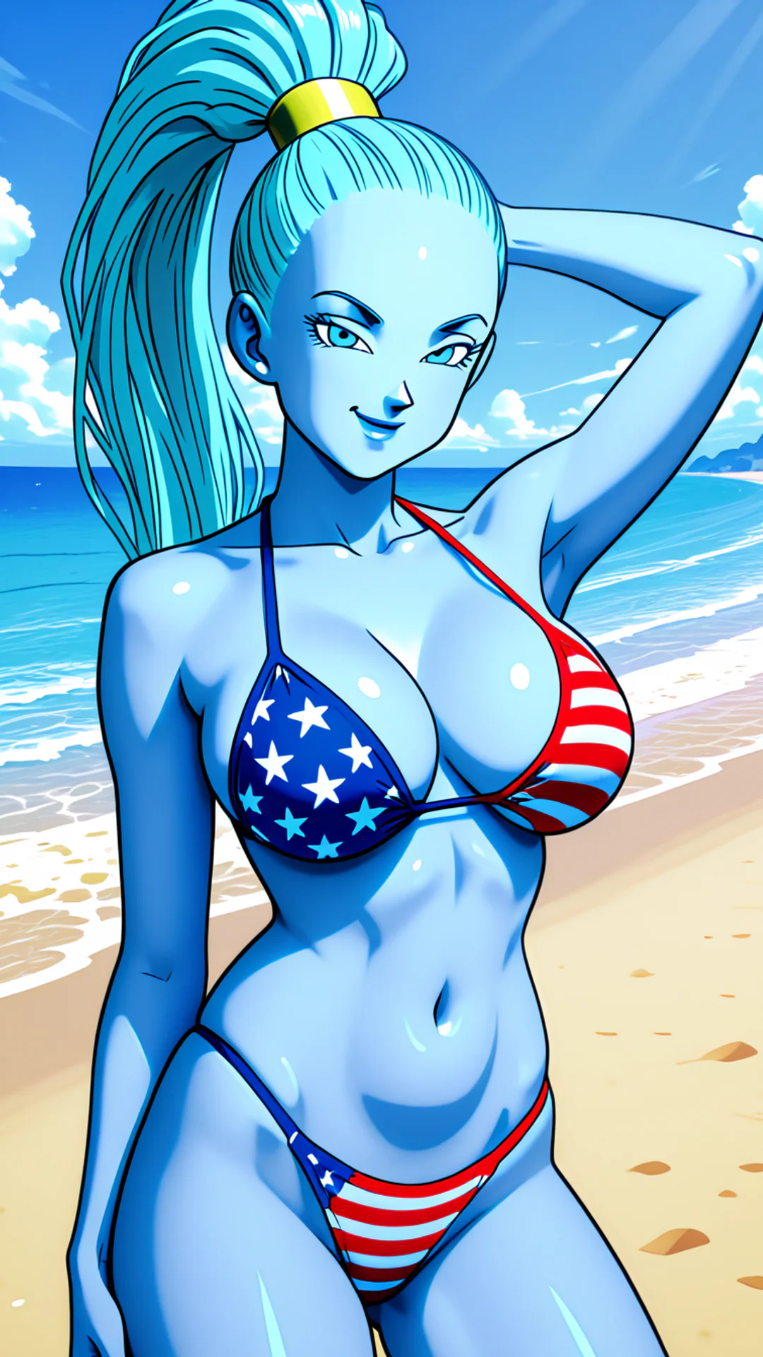 AI Art by Daddy Jim Headquarters: A vibrant depiction of a character inspired by Vados from Dragon Ball, standing confidently on a sunny beach. Her skin is a distinct shade of blue, and she wears a bikini featuring an American flag design. Her long b