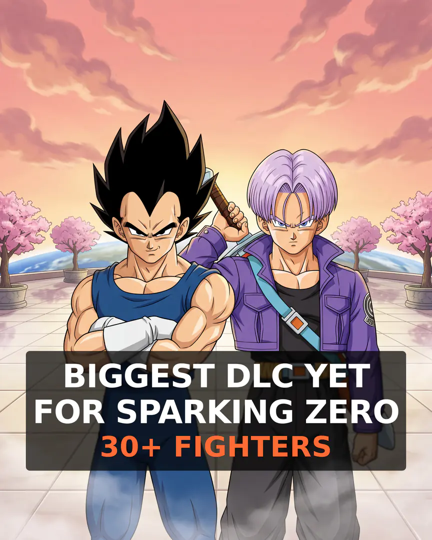 Dragon Ball characters Vegeta and Trunks stand in front of cherry blossom trees behind a text overlay announcing the biggest DLC yet for Sparking Zero featuring 30+ fighters.