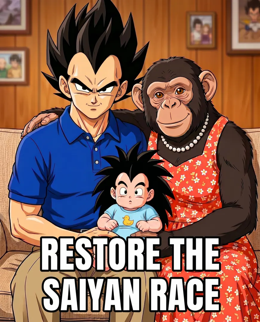 Vegeta from Dragon Ball poses for a family portrait on a couch alongside a chimpanzee in a floral dress and a spiky-haired baby, with the text "RESTORE THE SAIYAN RACE" overlaid at the bottom.