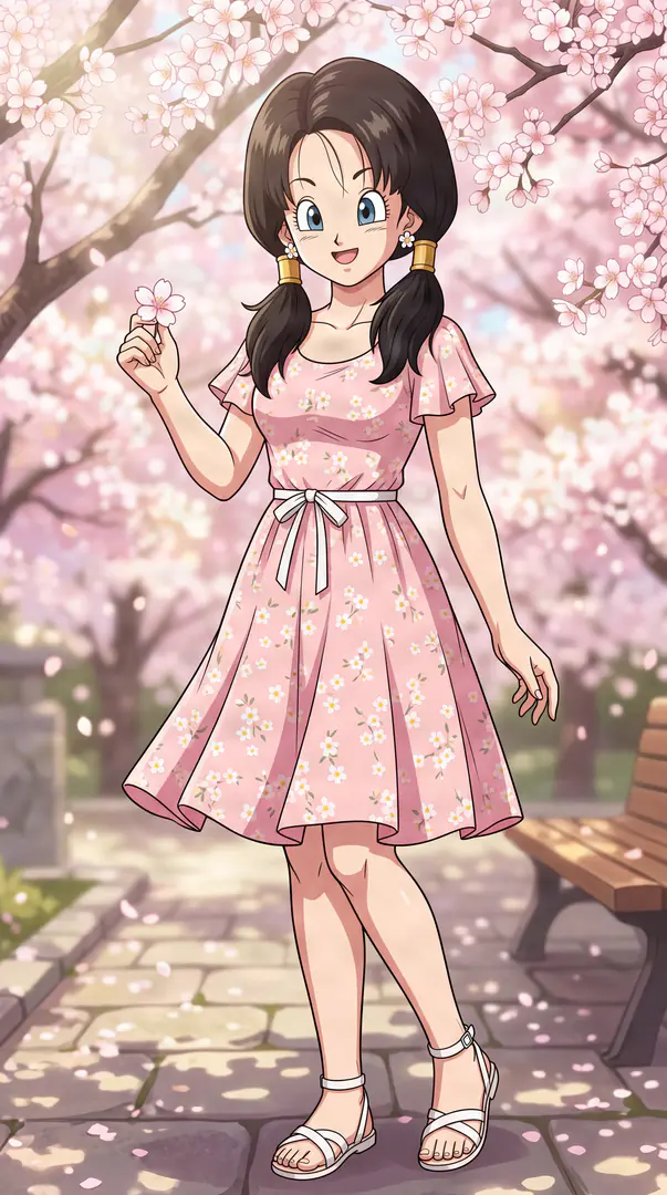 Videl from Dragon Ball stands smiling on a park path beneath blooming cherry trees, wearing a pink floral dress and holding a single blossom.