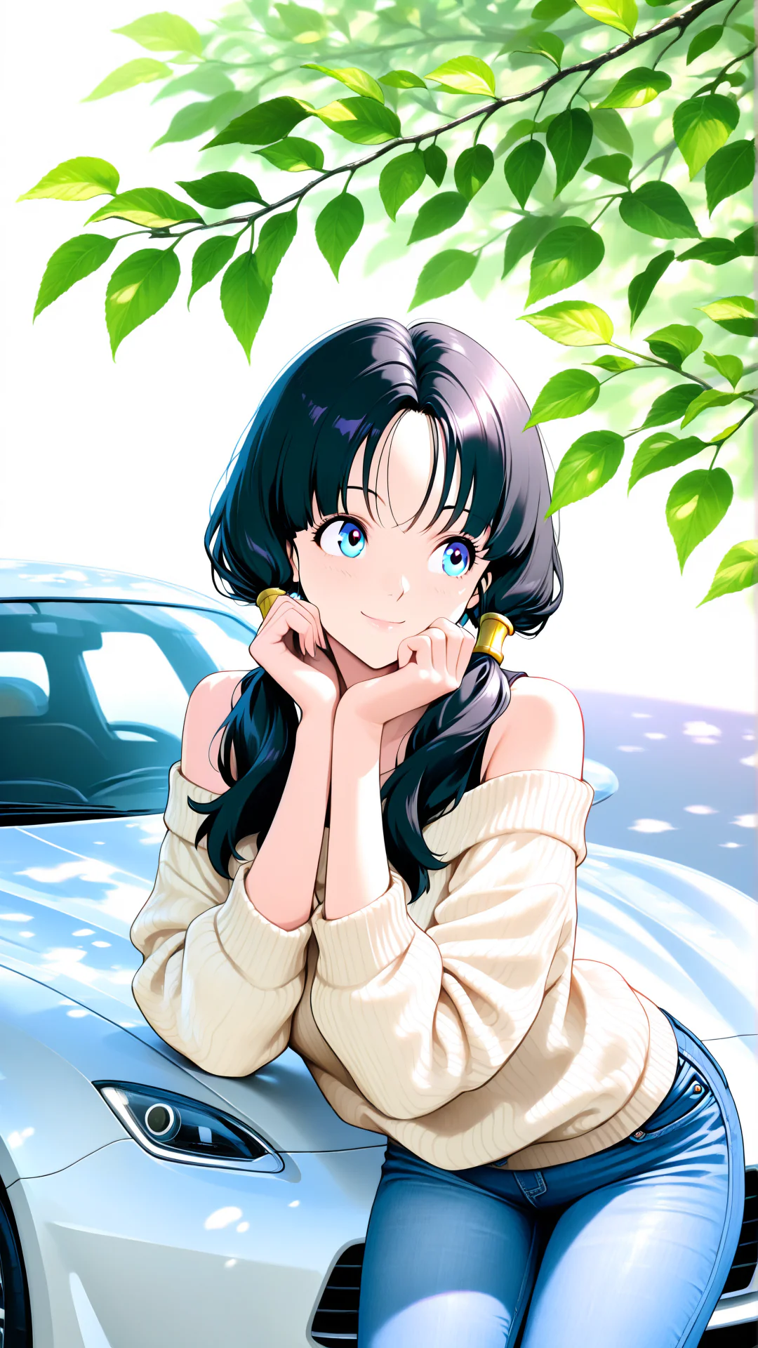 A smiling anime-style girl wearing an off-the-shoulder sweater and jeans rests her chin on her hands while leaning against a car under dappled sunlight and leafy green branches.
