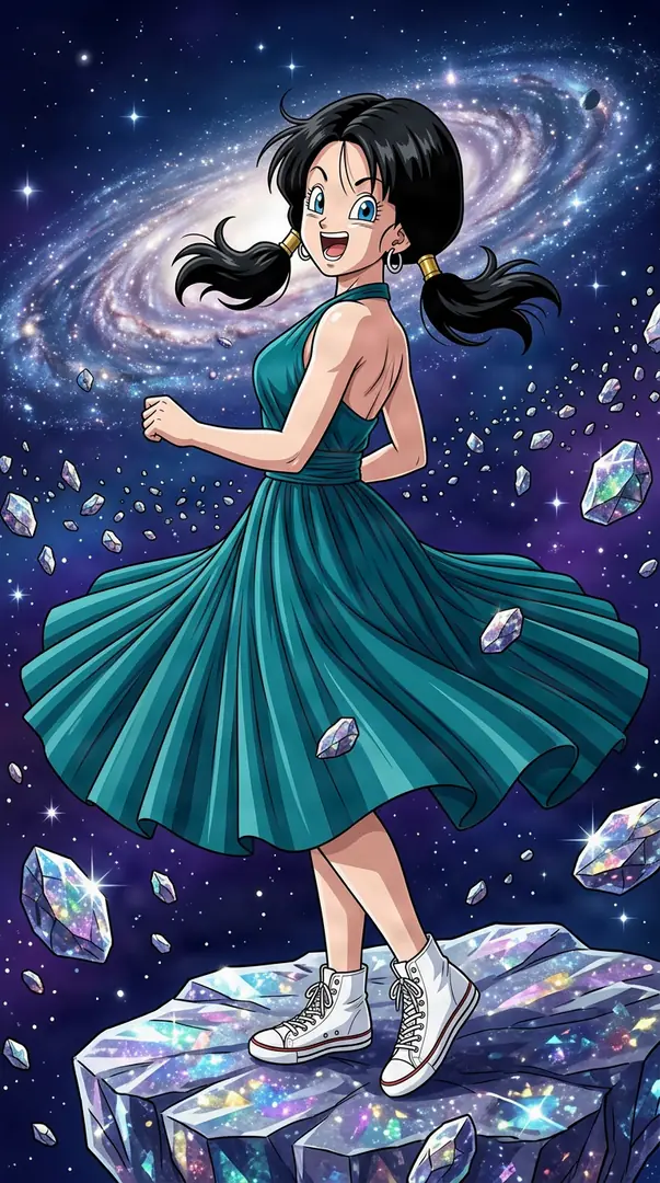 Videl from Dragon Ball smiles over her shoulder in a flowing teal dress and white sneakers, standing on a shimmering crystal asteroid against a cosmic backdrop of stars and a swirling galaxy.