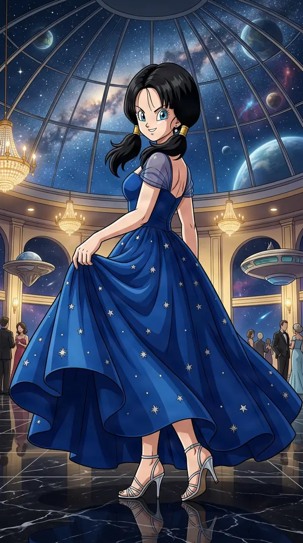 Videl from Dragon Ball glances over her shoulder while lifting the edge of her starry blue ballgown inside a luxurious, glass-domed ballroom with a breathtaking view of outer space.