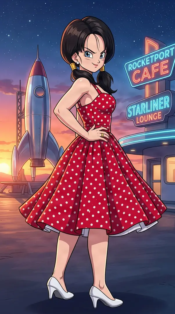 Videl from Dragon Ball poses confidently in a retro red polka dot dress and white heels in front of a neon-lit spaceport cafe and a silver rocket at sunset.