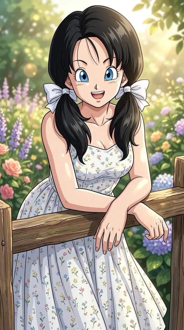 Videl from Dragon Ball, wearing a white floral dress and white bows in her black pigtails, smiles as she leans on a rustic wooden fence in a sunlit flower garden.