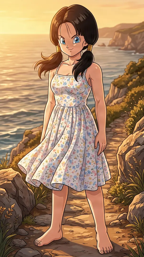 Smiling Videl from Dragon Ball stands barefoot on a rocky coastal path at sunset in a white floral sundress with her dark hair styled in pigtails.