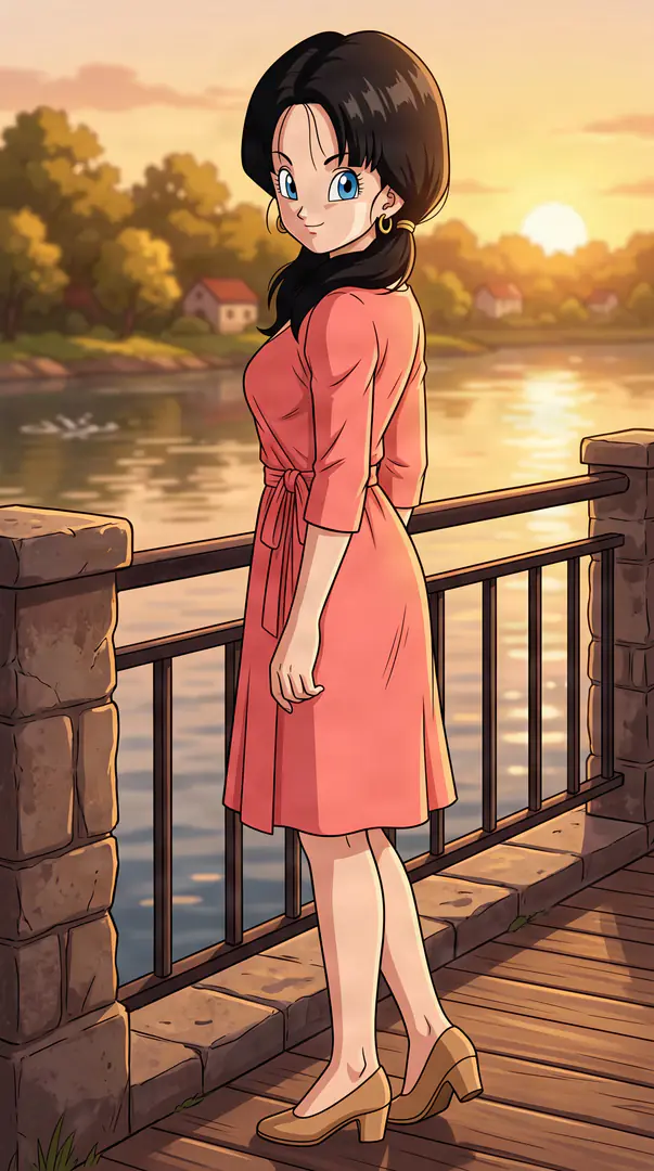 Videl from Dragon Ball smiles over her shoulder while standing on a wooden boardwalk beside a sunset-lit river, wearing a pink wrap dress and tan heels.