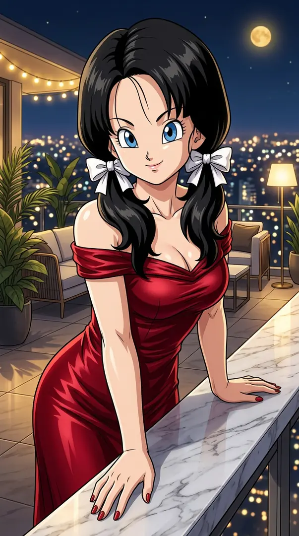 Videl from Dragon Ball, wearing an elegant off-the-shoulder red dress and white hair bows, smiles while leaning against a marble balcony ledge overlooking a sparkling nighttime city.