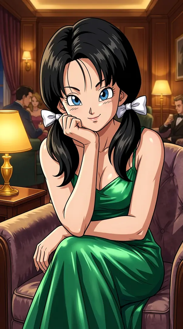 Videl from Dragon Ball smiles gently while resting her chin on her hand, wearing an elegant green dress and white hair bows as she sits in a plush armchair inside an upscale lounge.