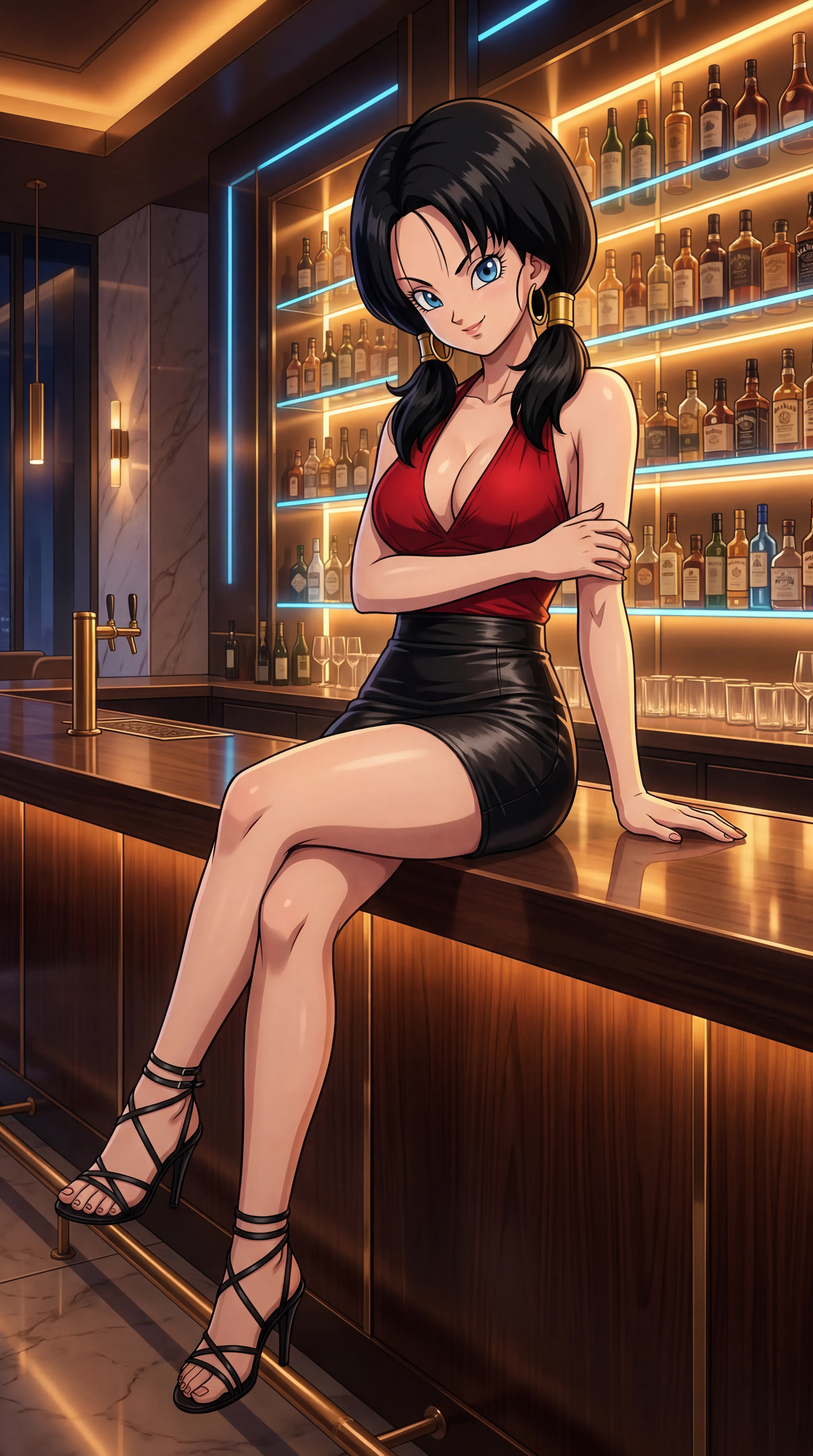 An anime-style woman in a plunging red top and short black leather skirt sits cross-legged on a polished bar counter in front of brightly lit liquor shelves.