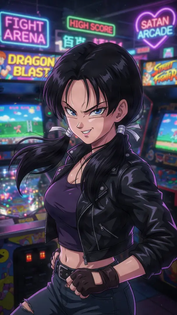 Videl from Dragon Ball smirks confidently in a neon-lit retro arcade, wearing a black leather jacket over a purple crop top and fingerless gloves with her dark hair tied in pigtails.