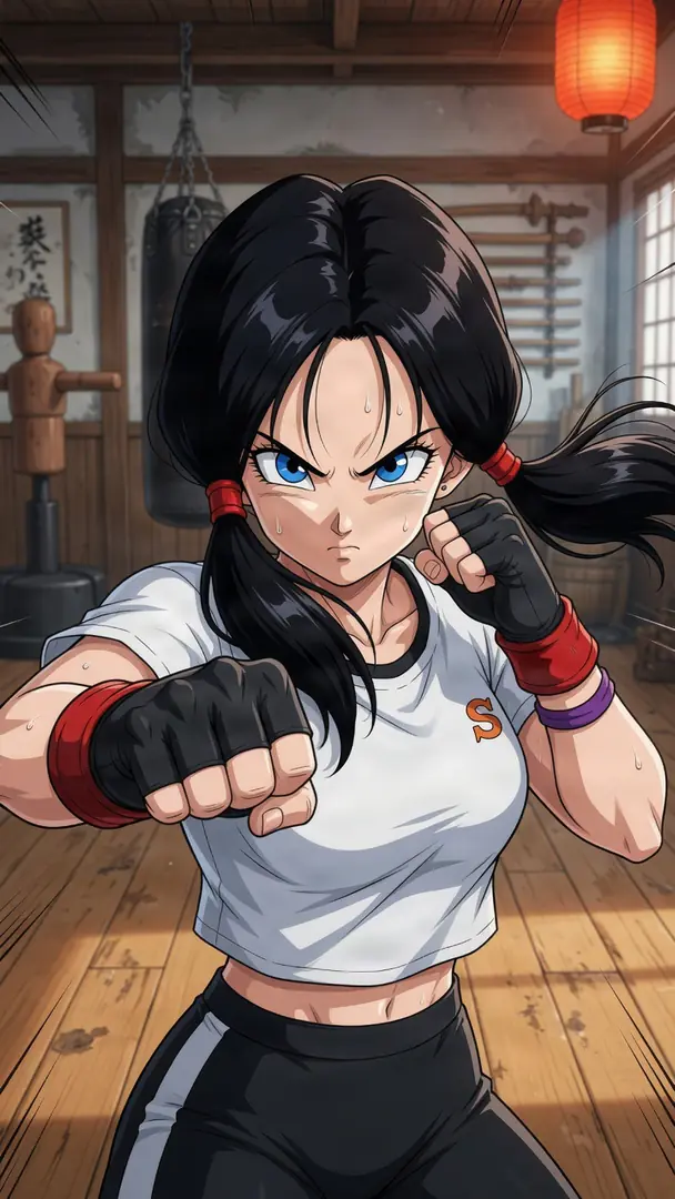 Videl from Dragon Ball strikes an intense fighting stance and throws a forward punch while sweating inside a traditional martial arts dojo.
