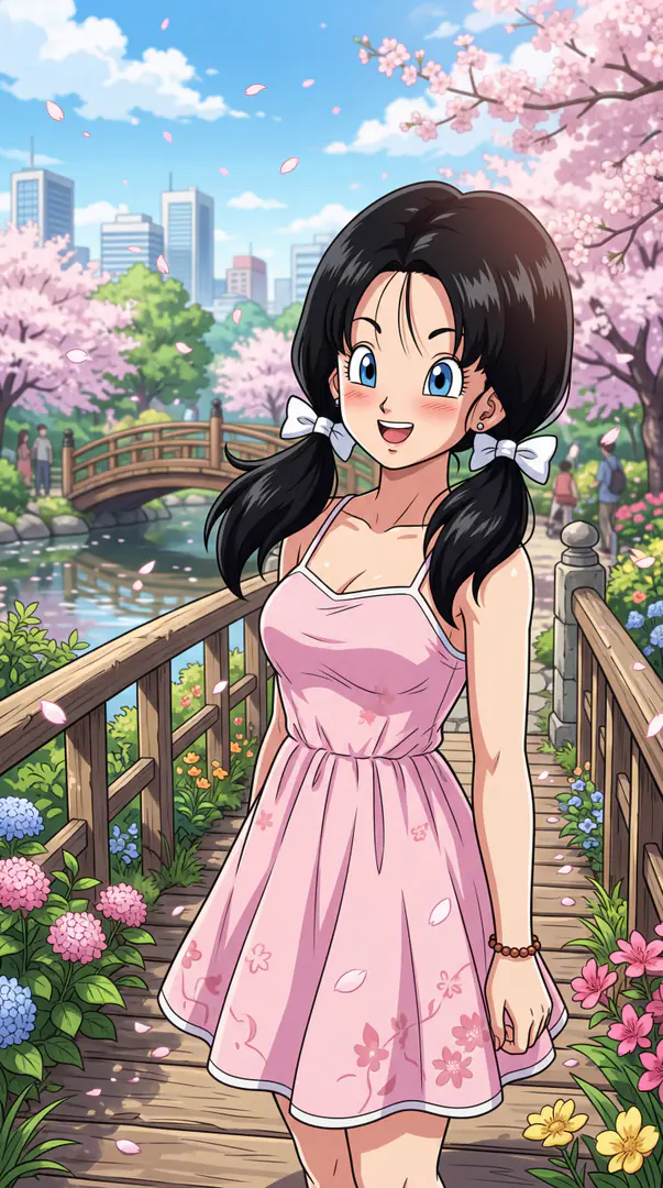 Videl from Dragon Ball smiles while standing on a flower-lined wooden bridge in a lush park, wearing a light pink floral dress and white bows in her pigtails amid falling cherry blossoms.
