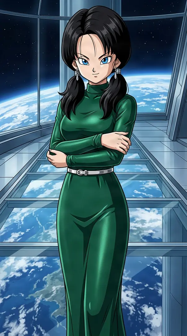 Videl from Dragon Ball stands with crossed arms in a long green dress inside a space station with glass windows and floors overlooking Earth.